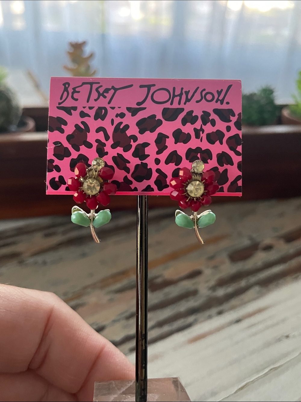 Betsey Johnson Red Flower Earrings with Mint Green Leaves & Crystal Accents